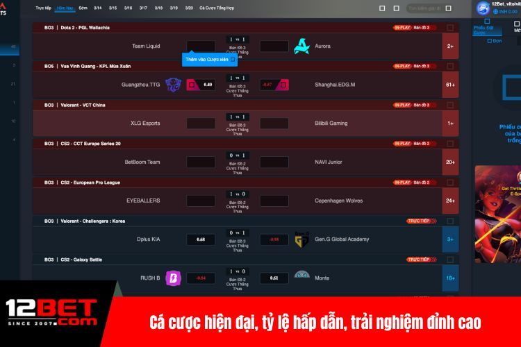 Thể Thao Điện Tử 12BET – Cá Cược Hiện Đại, An Toàn